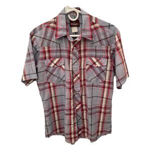 Vintage Wrangler Shirt Mens Medium 15-15 1/2 Pearl Snaps Rodeo Plaid Western